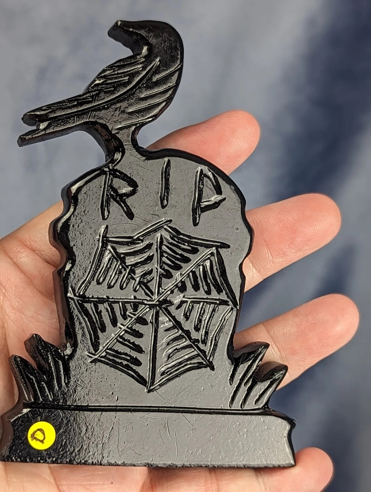 Hand Carved Black Jade Raven on Tombstone