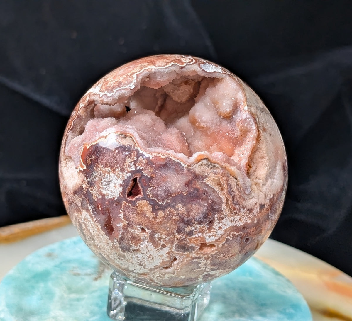 Hand Carved Druzy Pink Crazy Lace Agate Sphere