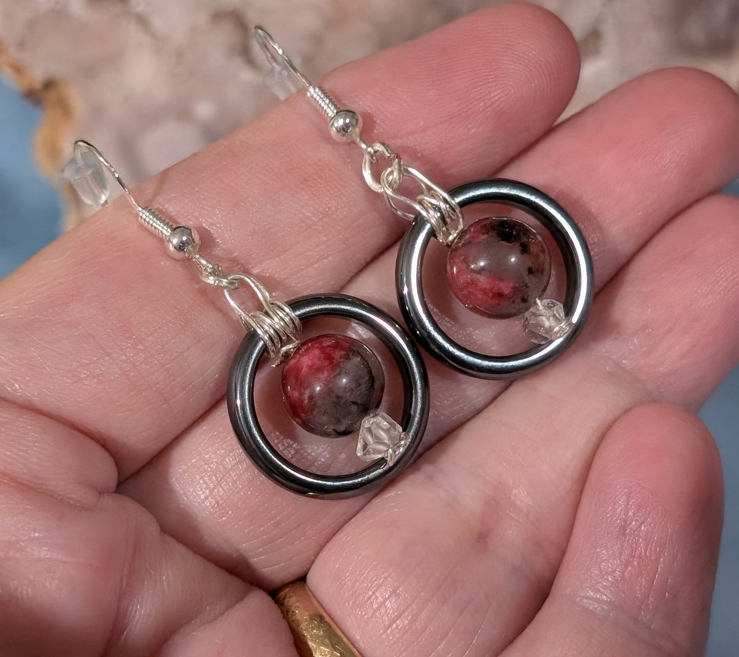 Hematite and Thulite Dangle Earrings