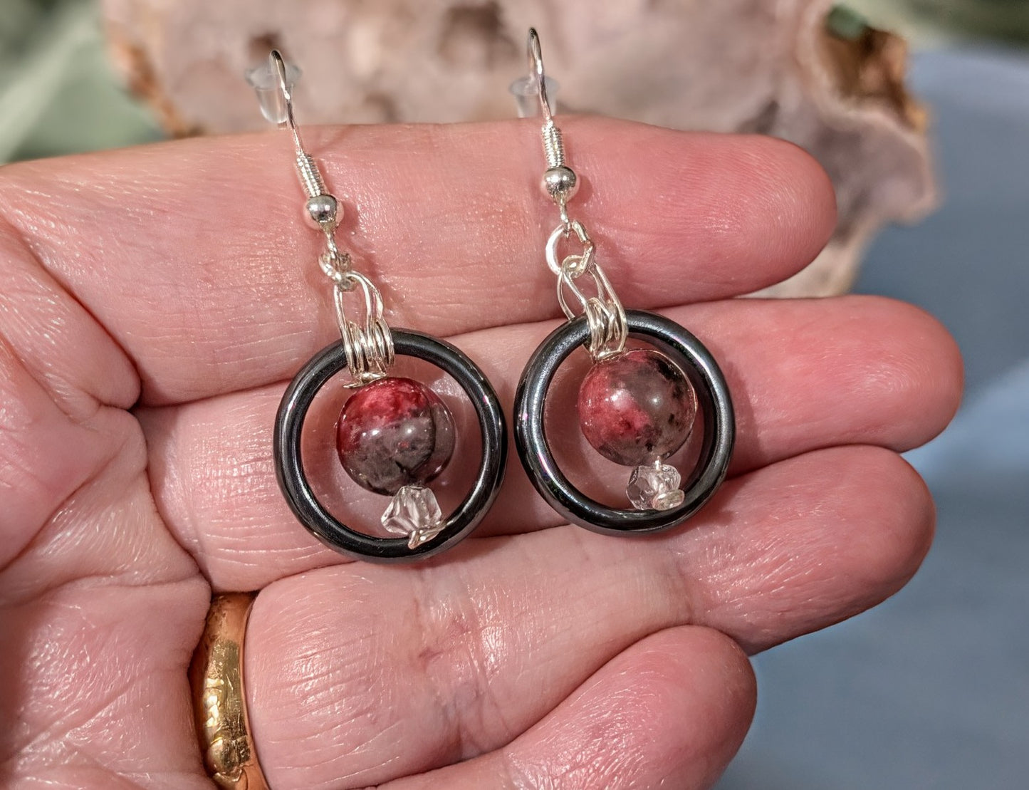 Hematite and Thulite Dangle Earrings