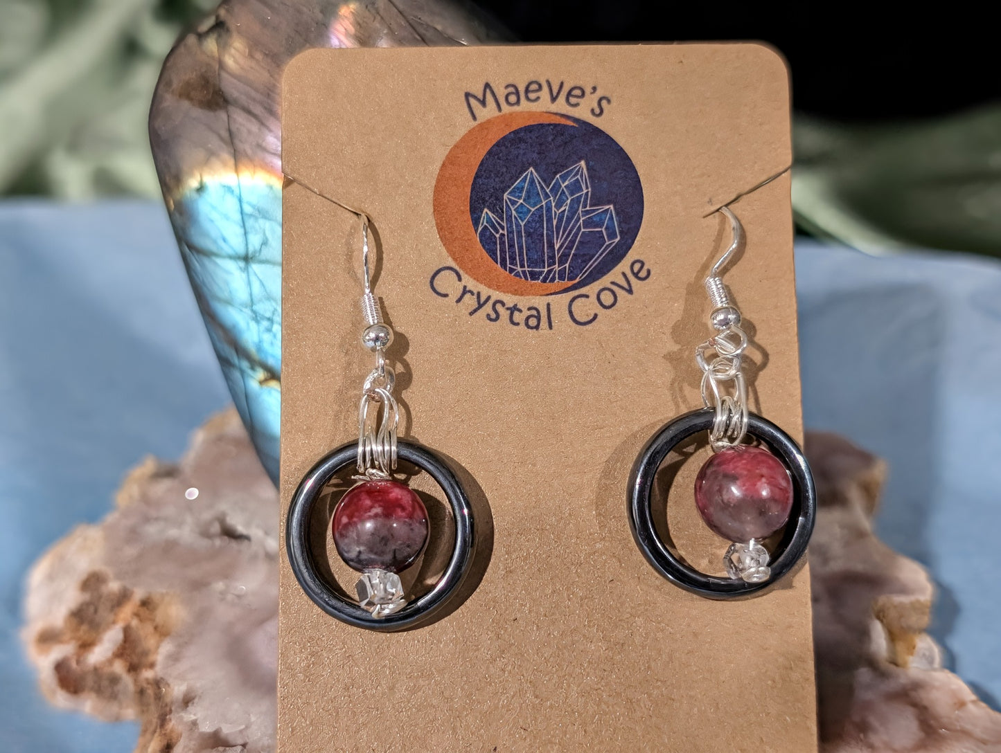 Hematite and Thulite Dangle Earrings