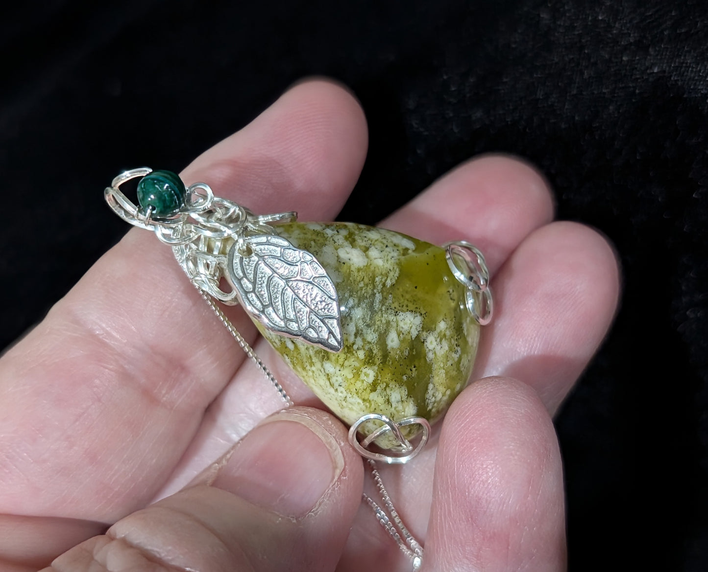 Lizardite Serpentine with Silver Leaf Charm Wire Wrapped Pendant