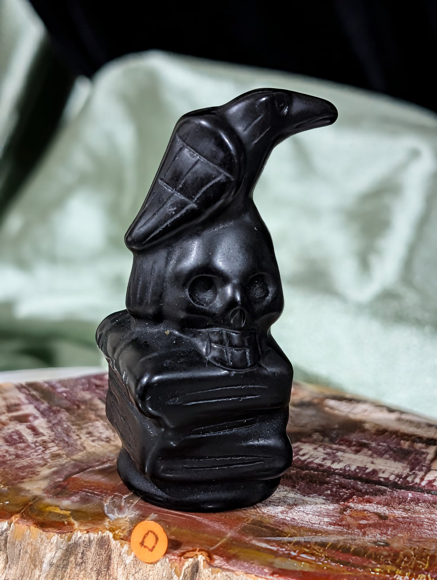 Obsidian Raven on Skull on Books Figurine