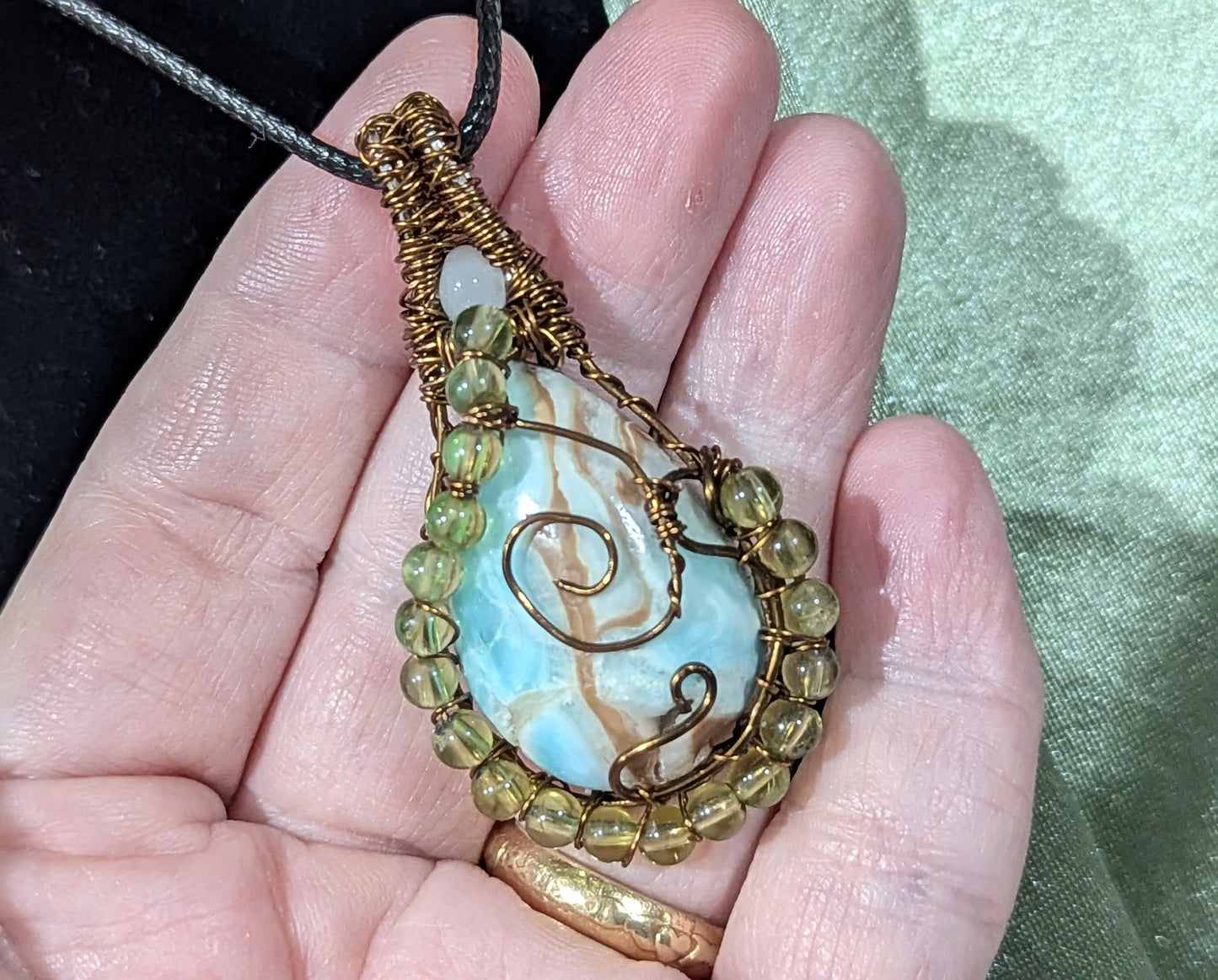 Wire Wrapped Blue Aragonite Pendant