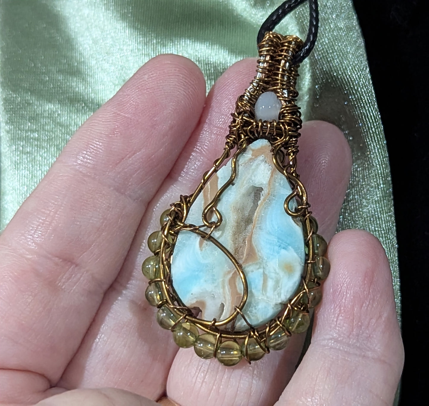 Wire Wrapped Blue Aragonite Pendant