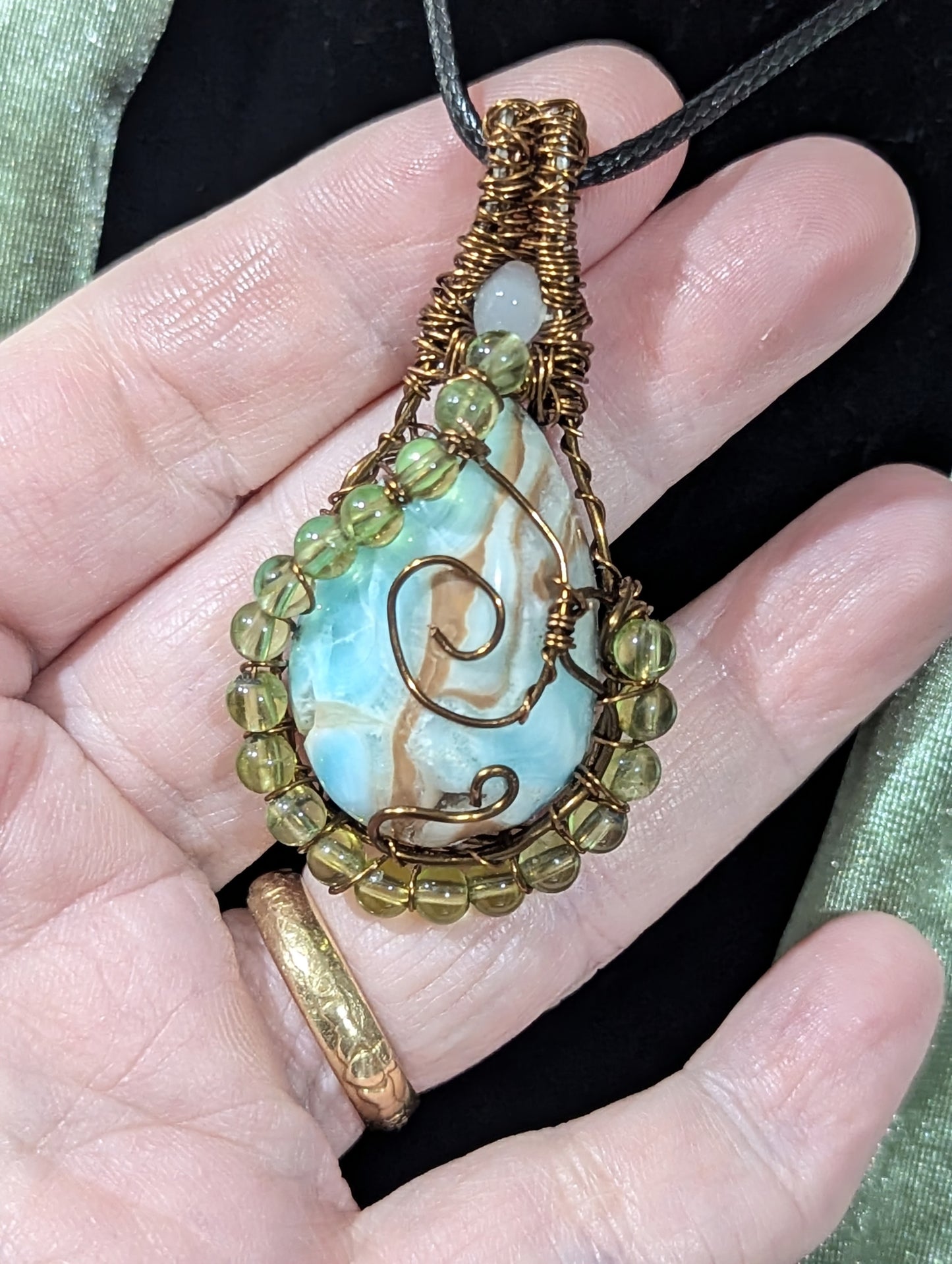 Wire Wrapped Blue Aragonite Pendant