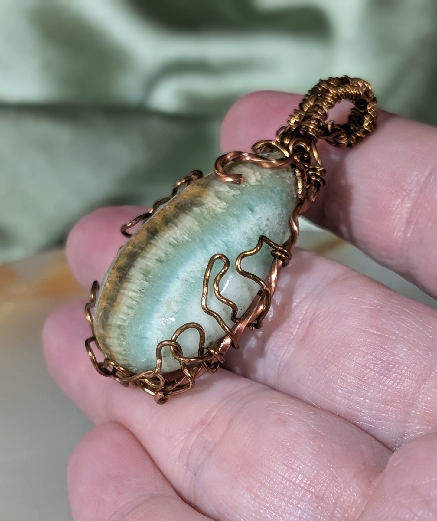 Wire Wrapped Blue Aragonite Pendant