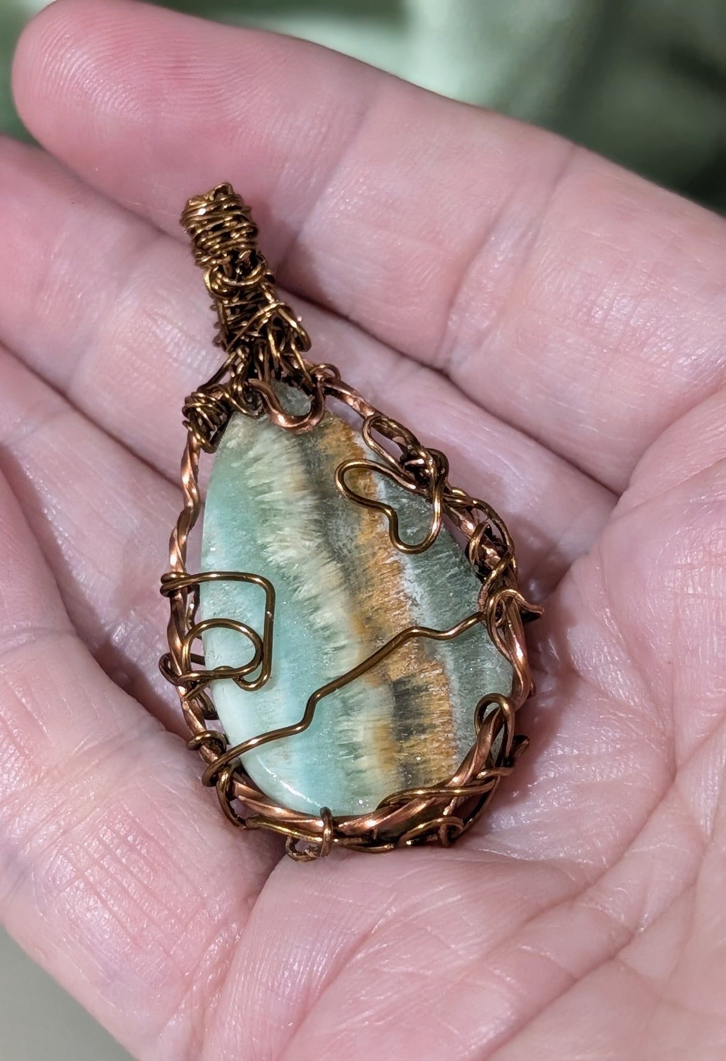 Wire Wrapped Blue Aragonite Pendant