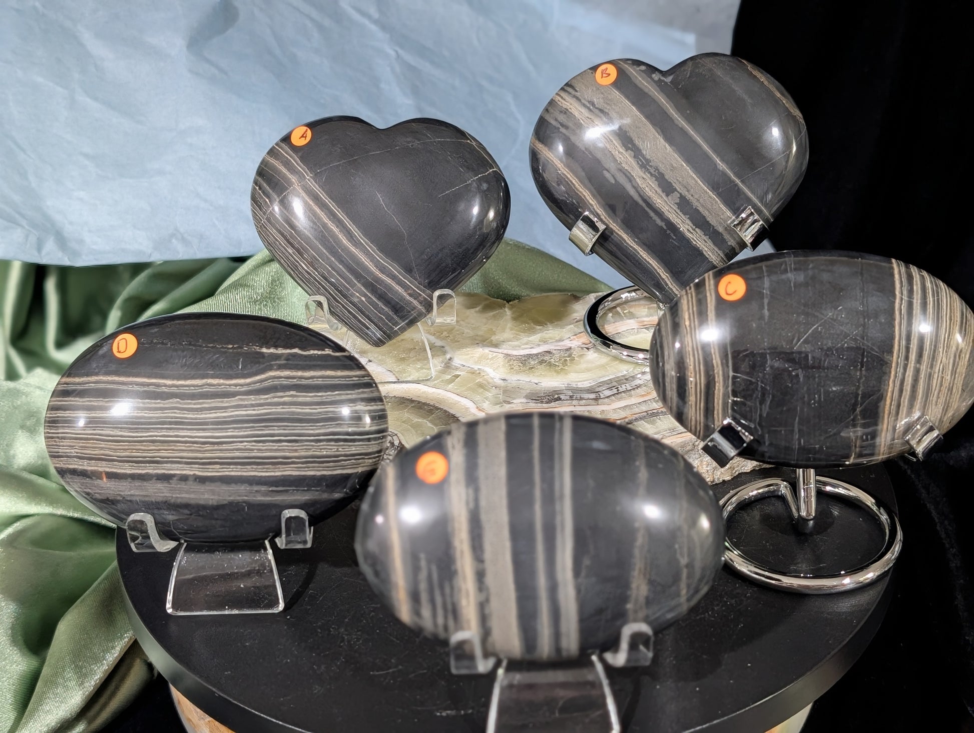 Banded Black Onyx Hearts and Palm Stones