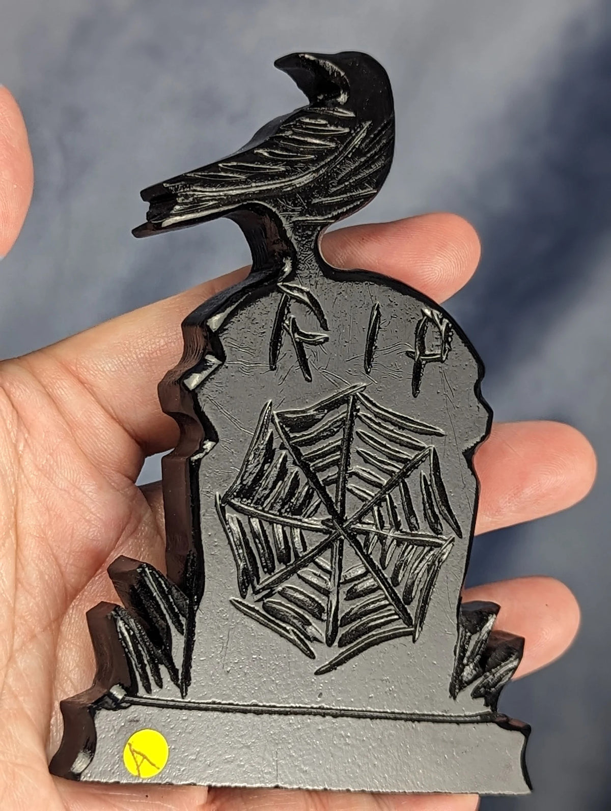 Hand Carved Black Jade Raven on Tombstone