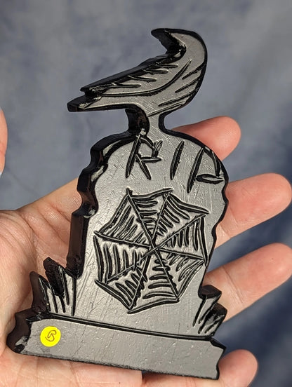 Hand Carved Black Jade Raven on Tombstone