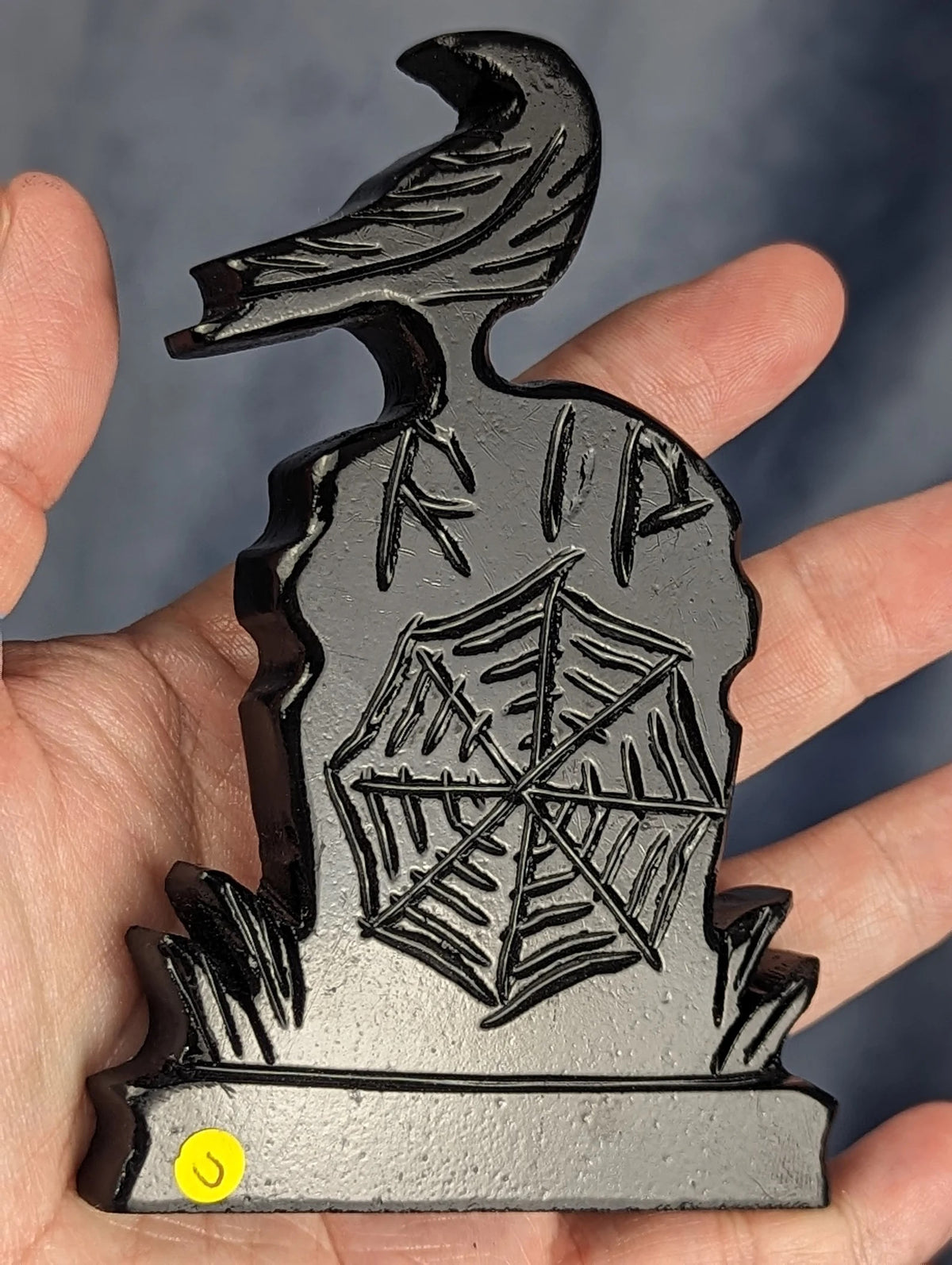 Hand Carved Black Jade Raven on Tombstone