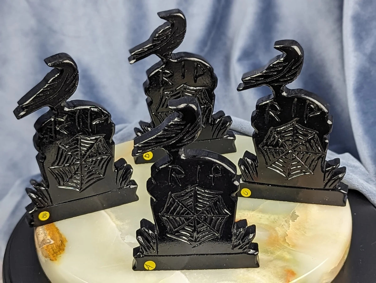 Hand Carved Black Jade Raven on Tombstone