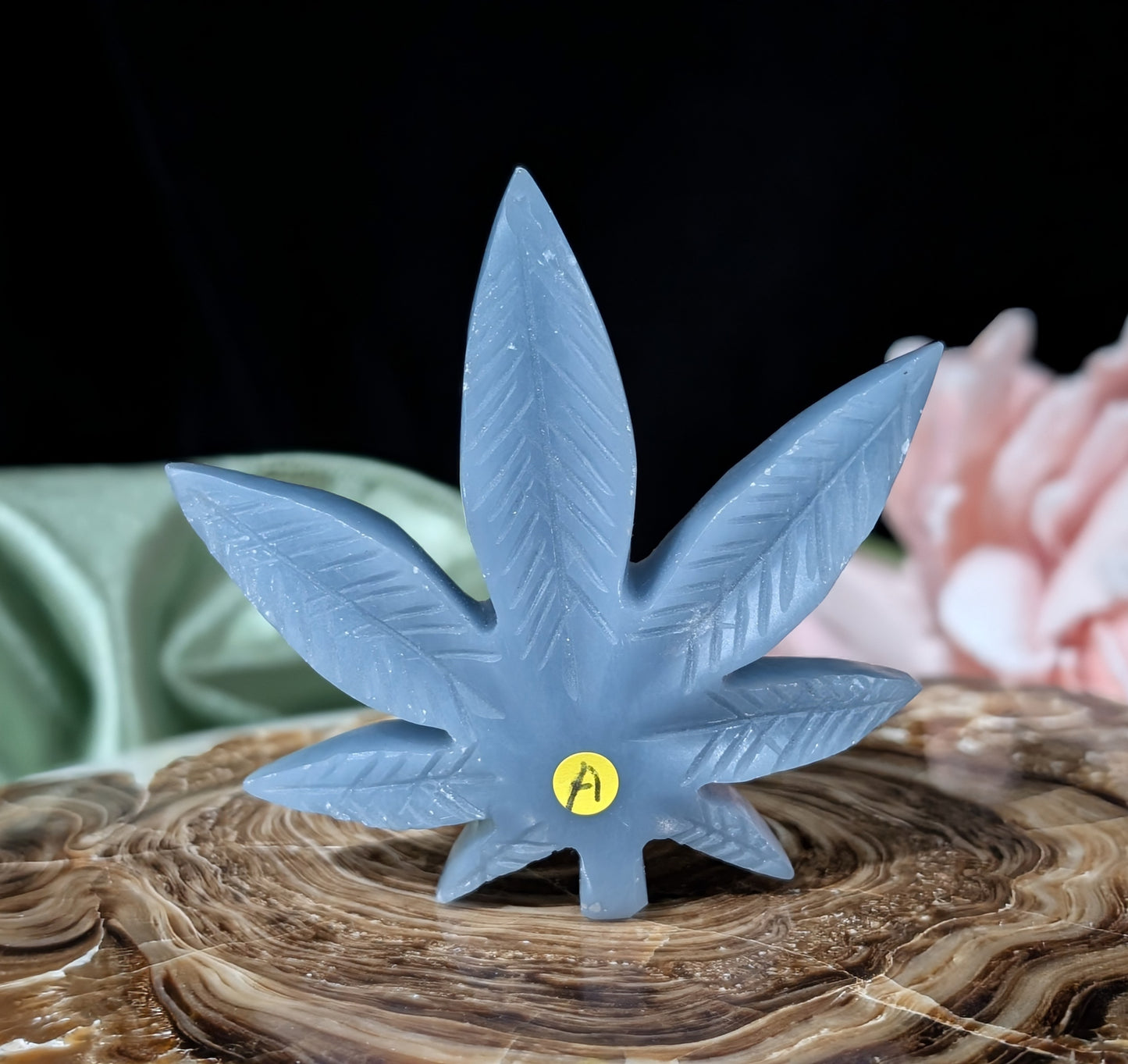 Blue Angelite Cannabis Leaf Carving