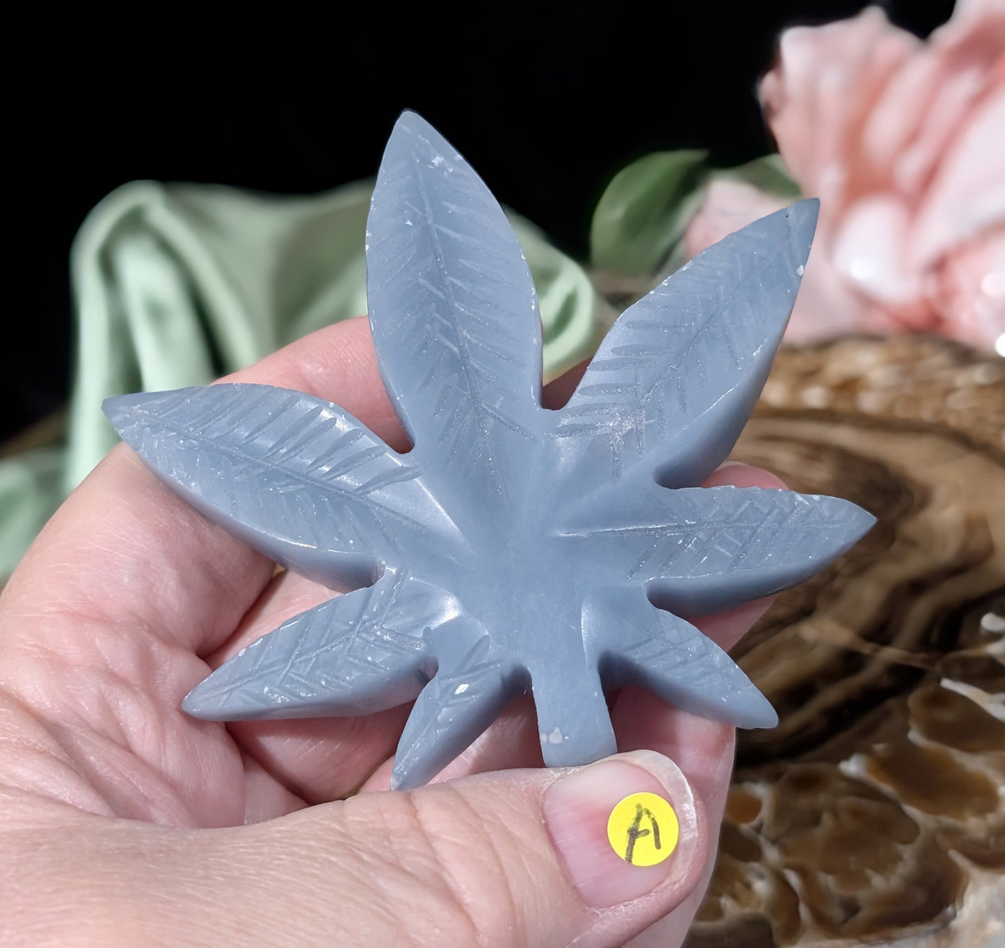 Blue Angelite Cannabis Leaf Carving