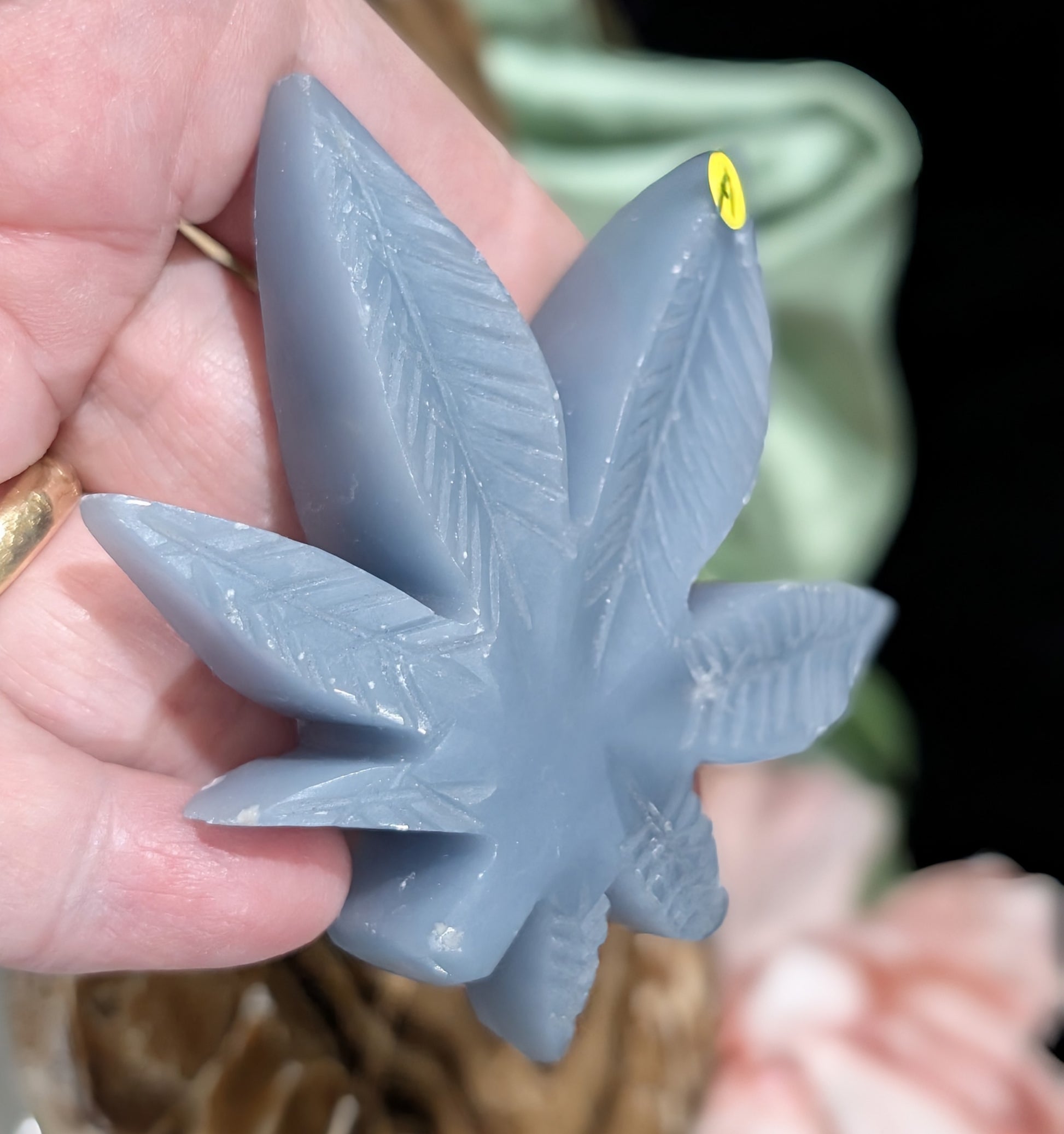 Blue Angelite Cannabis Leaf Carving
