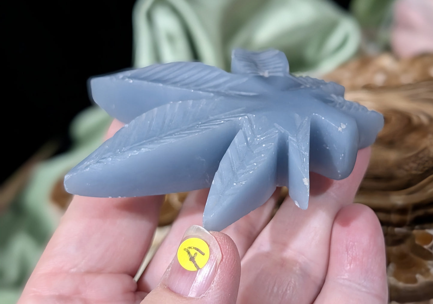 Blue Angelite Cannabis Leaf Carving