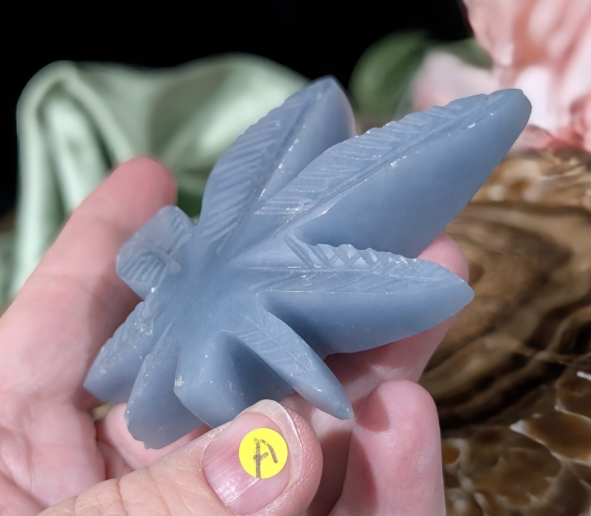 Blue Angelite Cannabis Leaf Carving