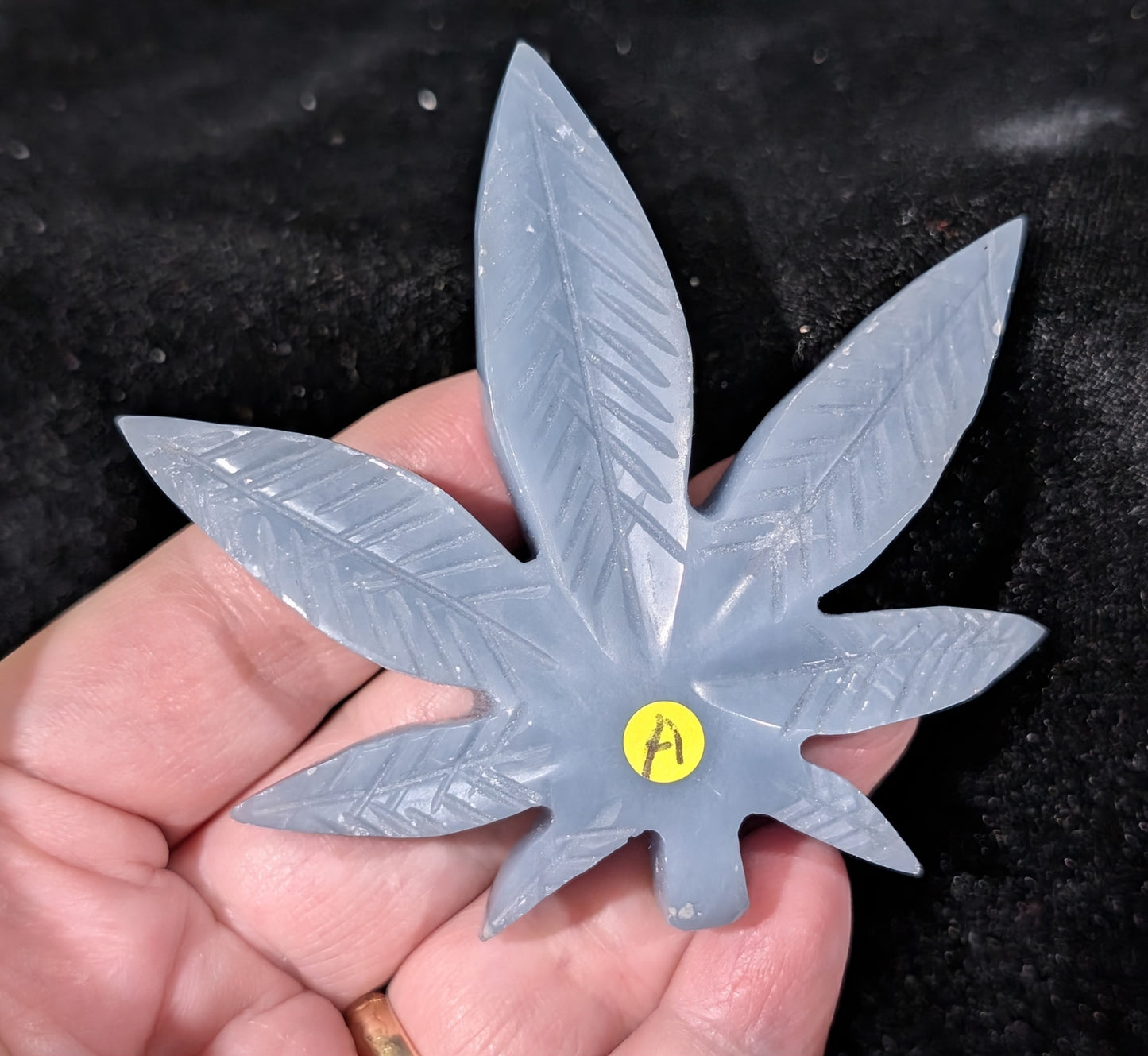 Blue Angelite Cannabis Leaf Carving