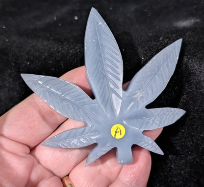 Blue Angelite Cannabis Leaf Carving