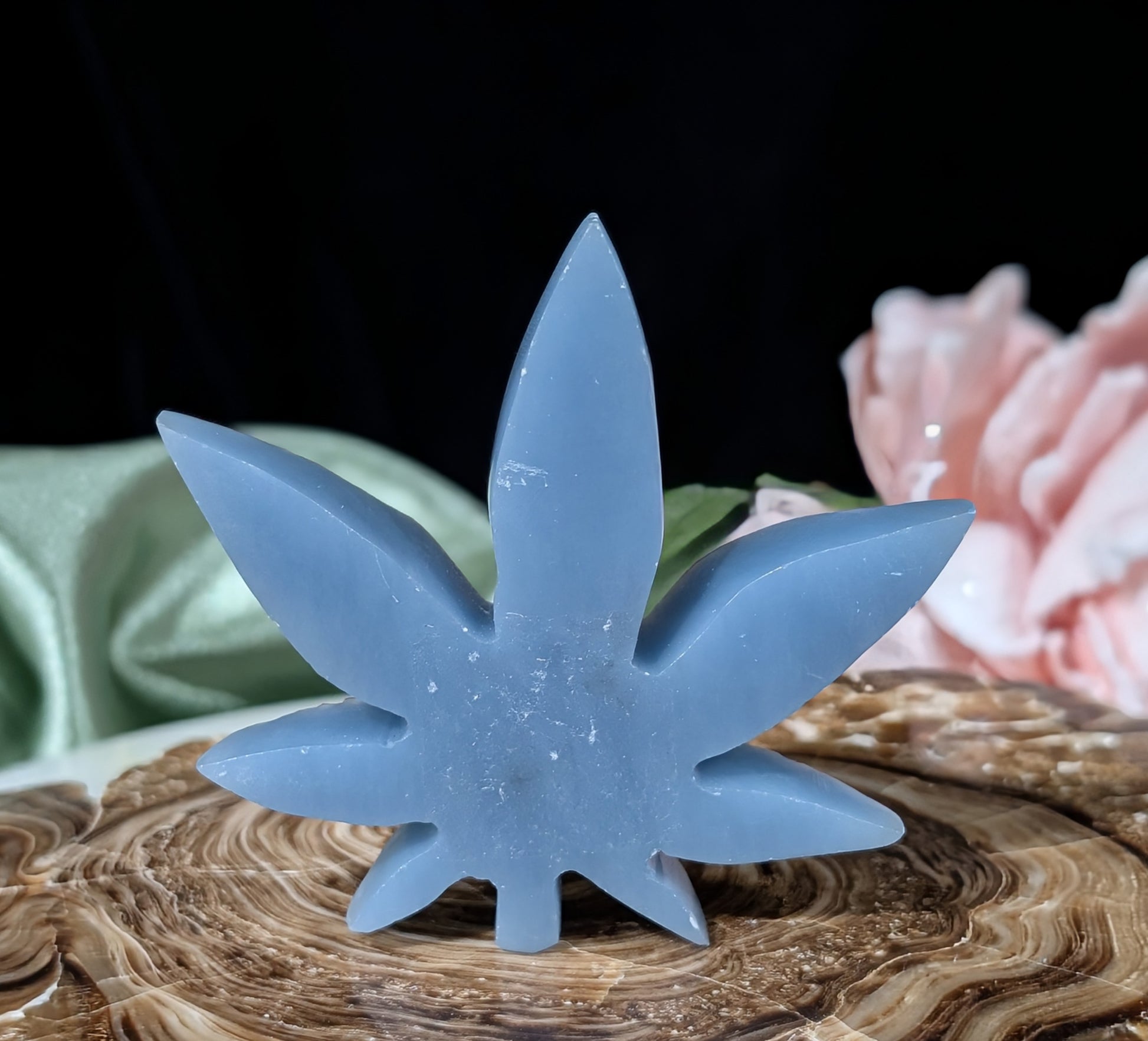 Blue Angelite Cannabis Leaf Carving