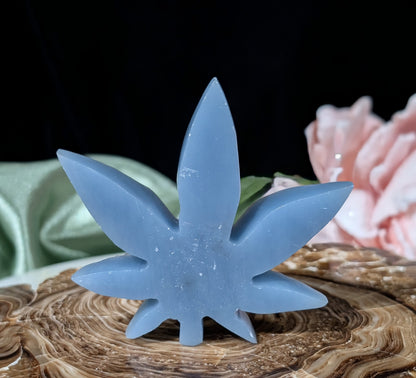 Blue Angelite Cannabis Leaf Carving