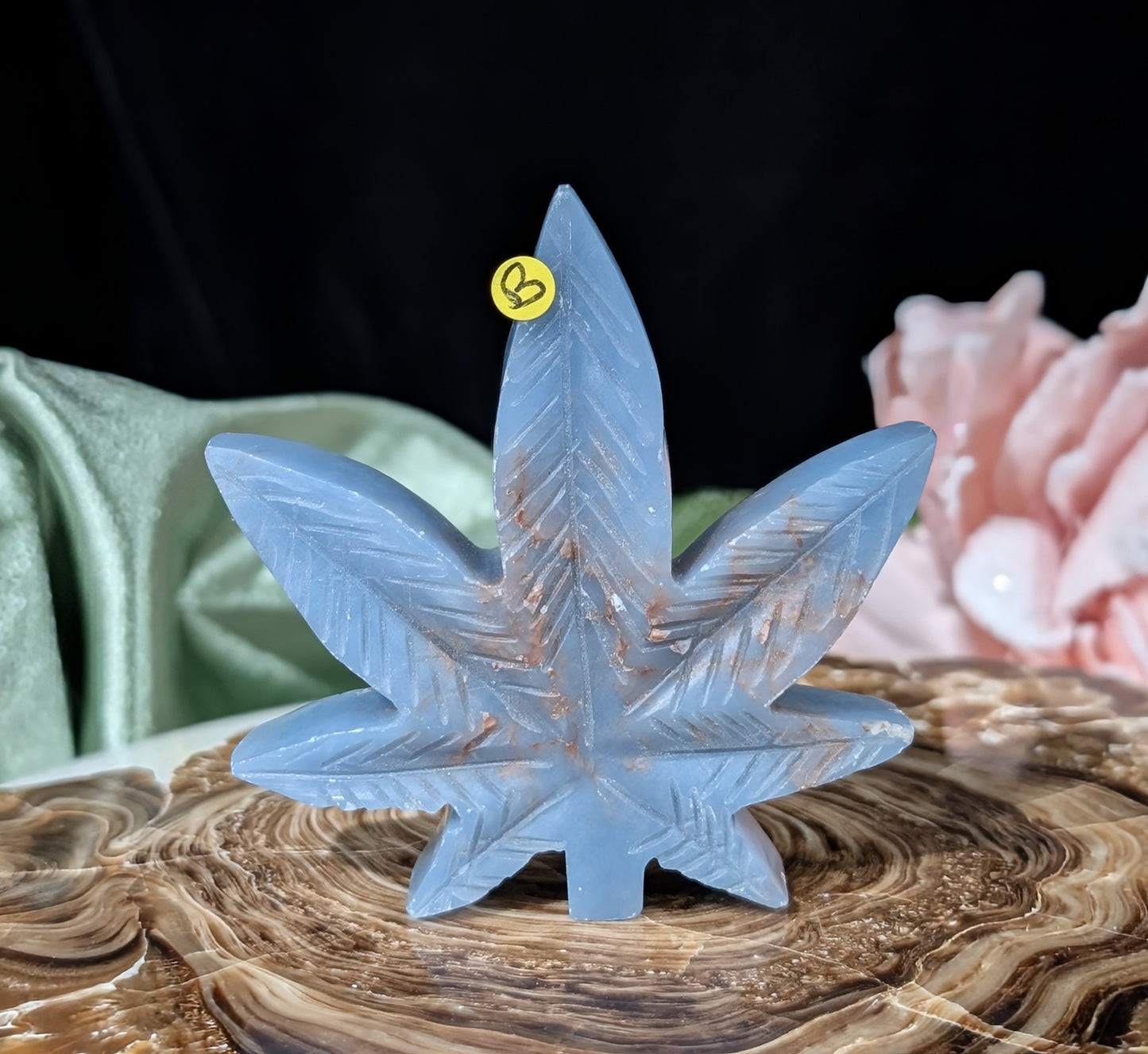 Blue Angelite Cannabis Leaf Carving