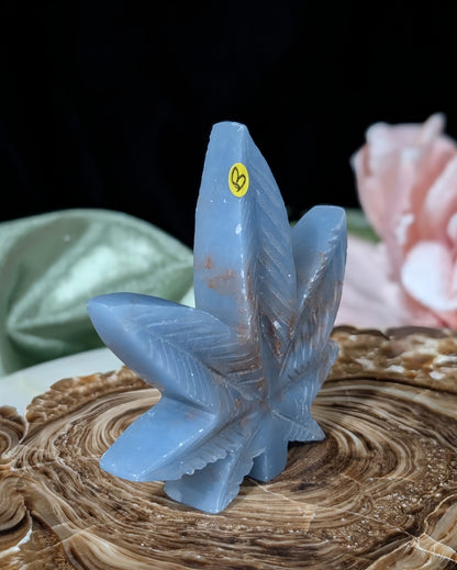 Blue Angelite Cannabis Leaf Carving