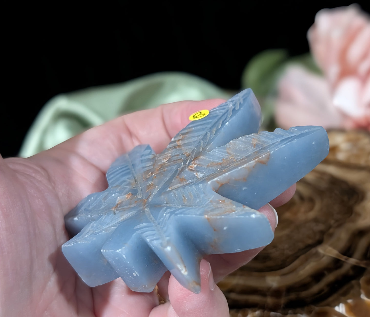 Blue Angelite Cannabis Leaf Carving