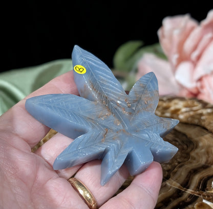 Blue Angelite Cannabis Leaf Carving