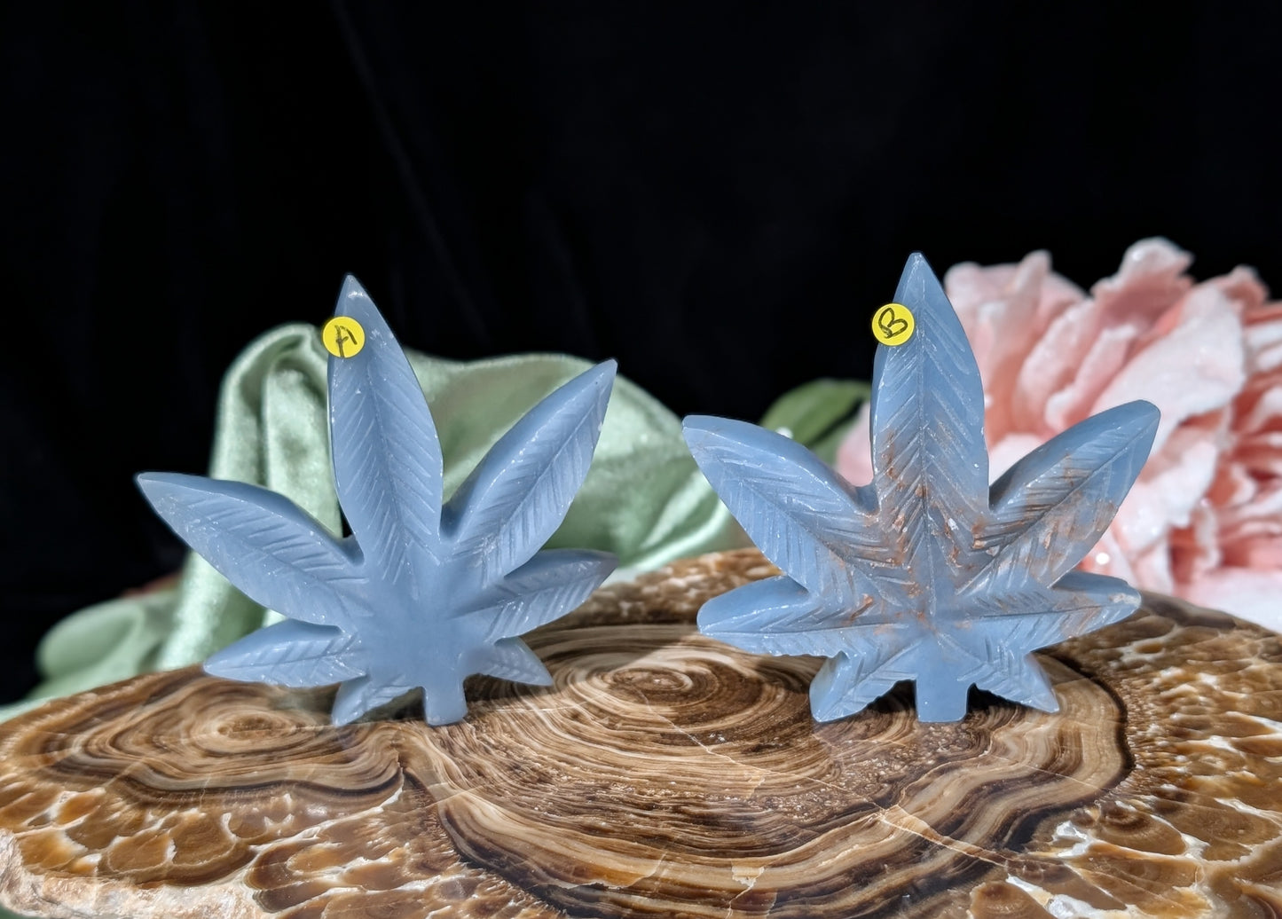 Blue Angelite Cannabis Leaf Carvings