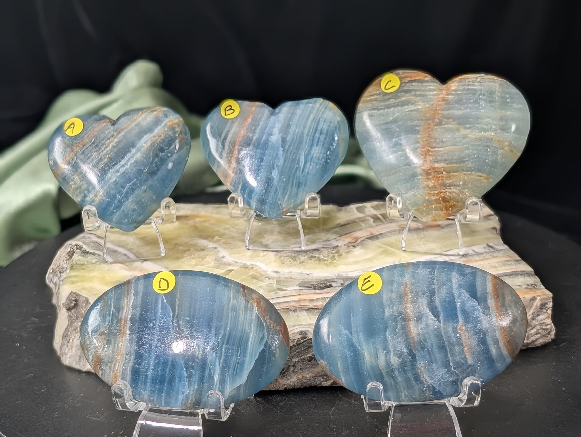Blue Onyx Hearts and Palm Stones