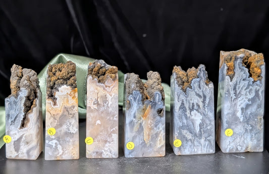 Blue and Peach Plume Agate Raw Top Towers