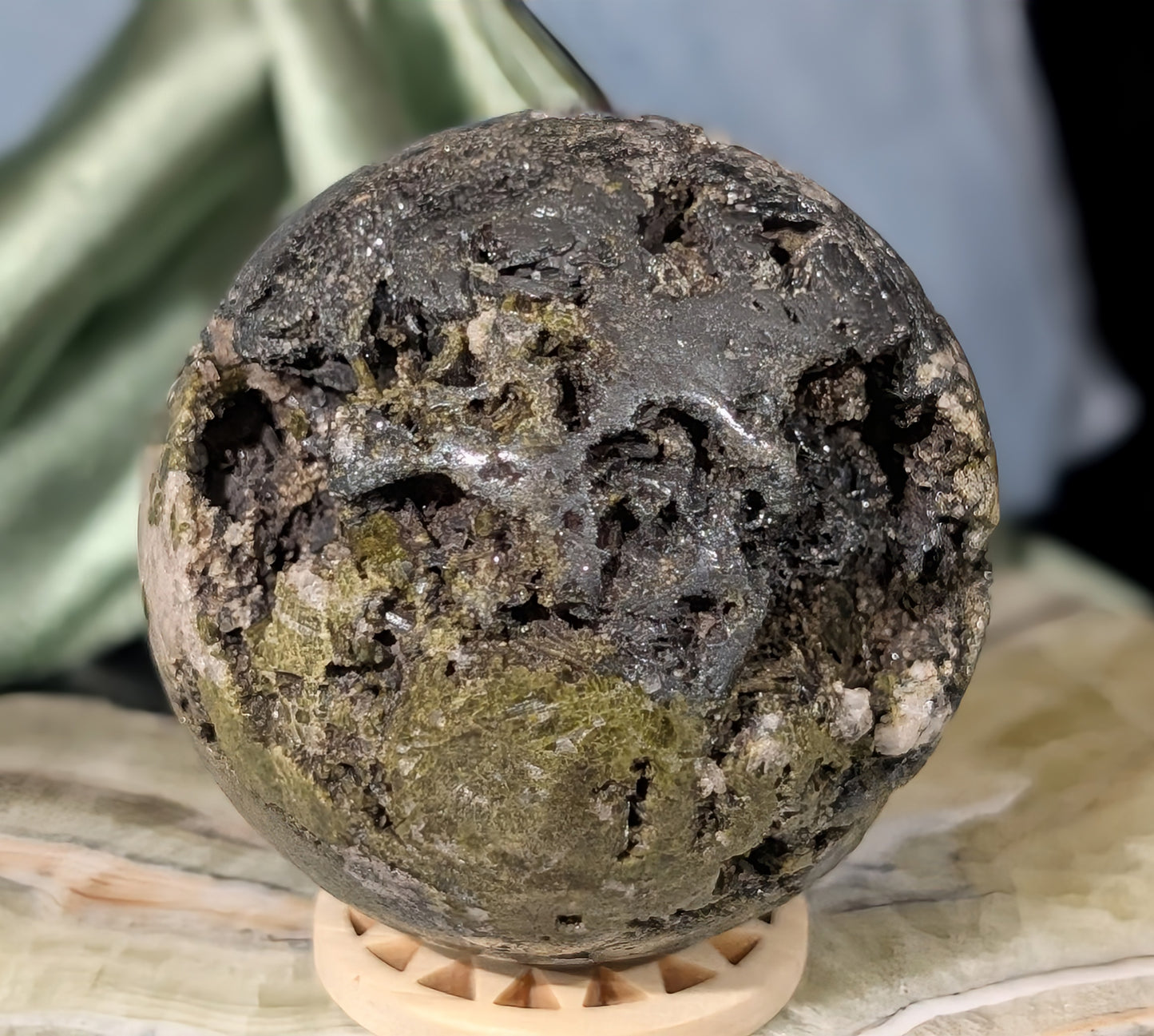 Epidote with Hematite and Quartz Sphere