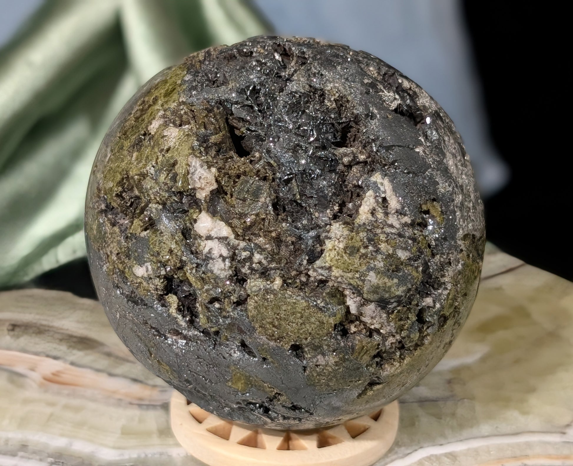 Epidote with Hematite and Quartz Sphere