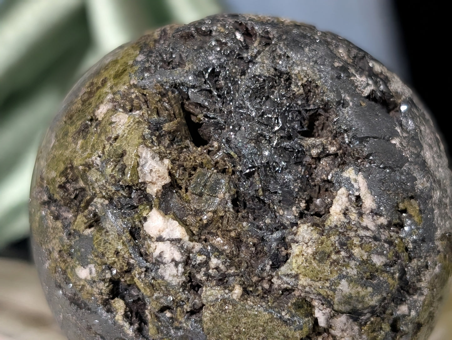 Epidote with Hematite and Quartz Sphere