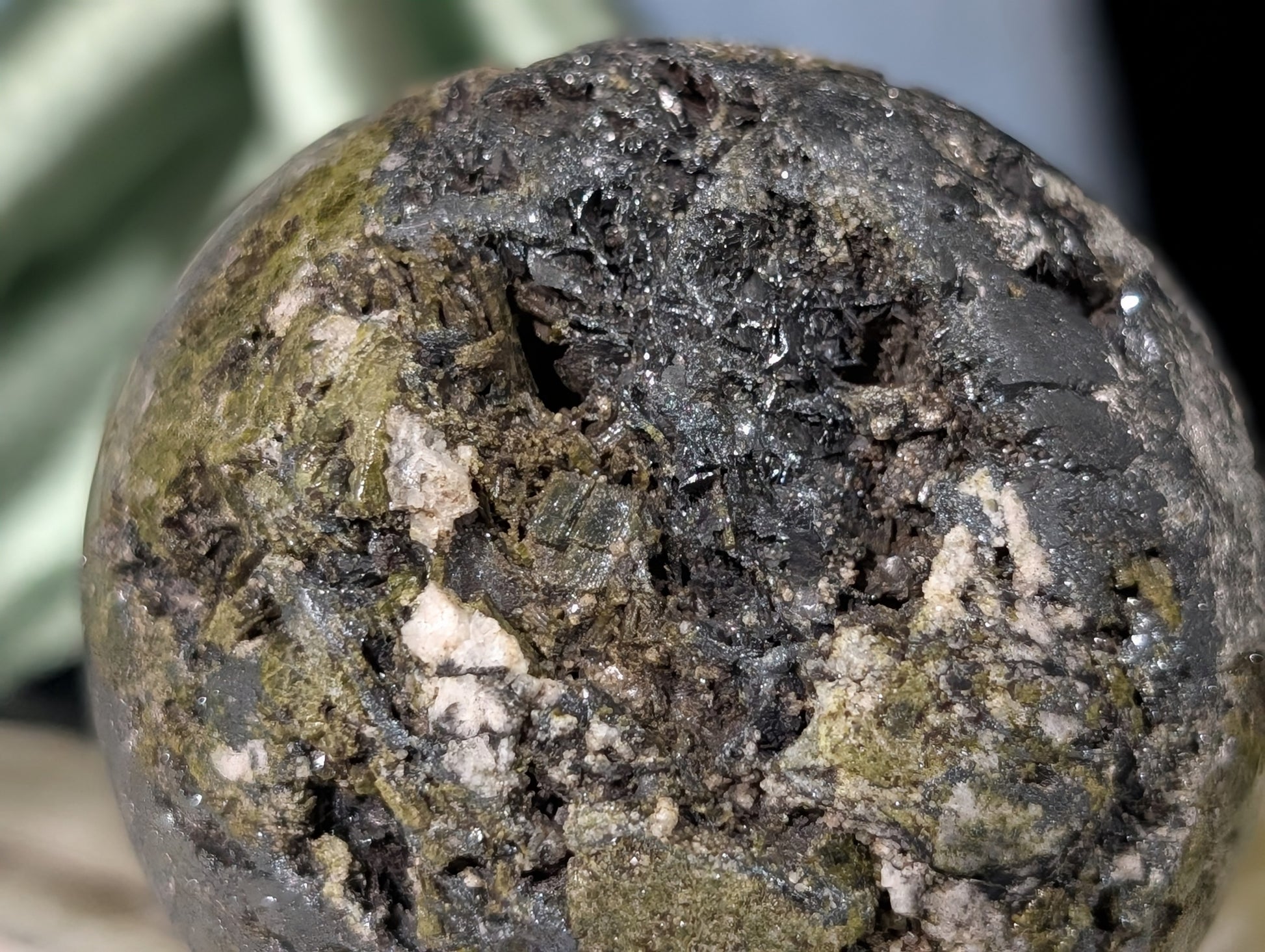 Epidote with Hematite and Quartz Sphere