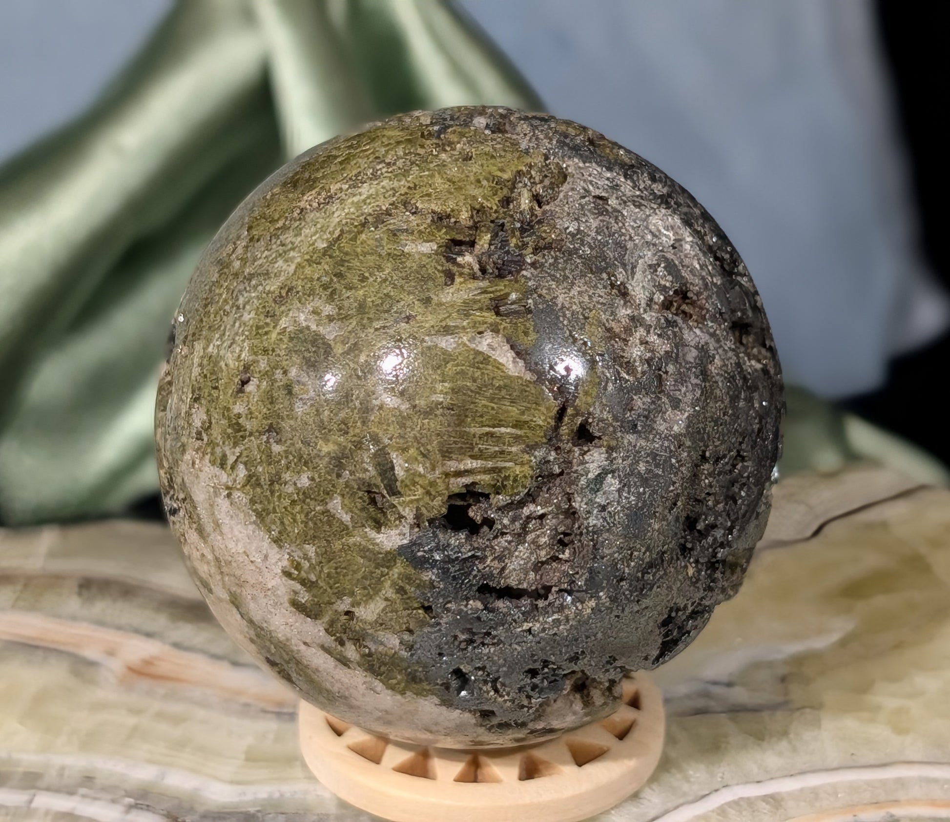 Epidote with Hematite and Quartz Sphere