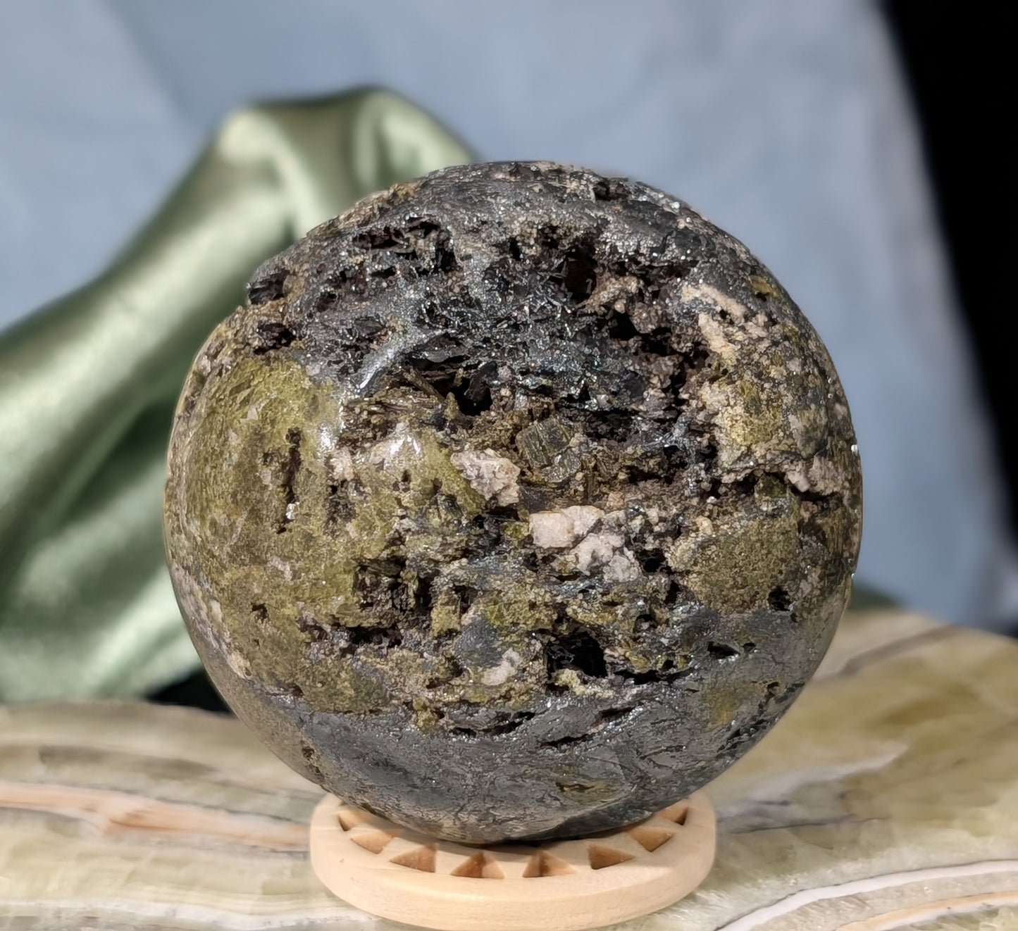 Epidote with Hematite and Quartz Sphere