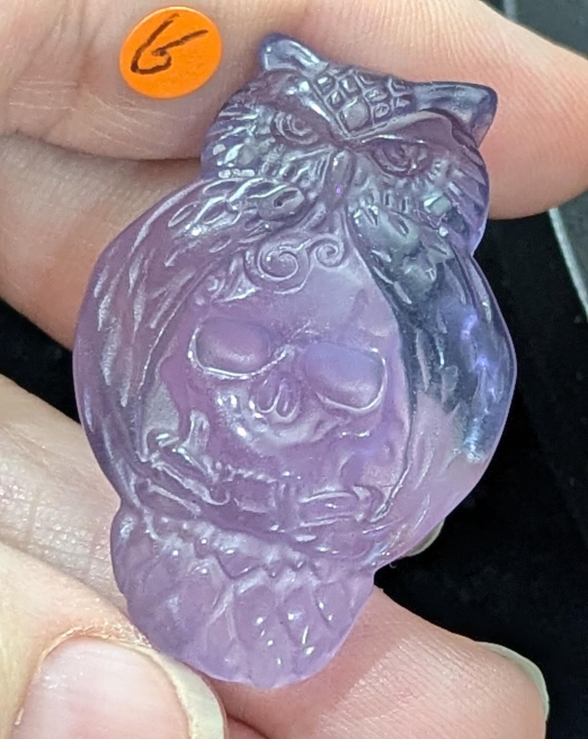 Fluorite Owl Holding Skull Carving