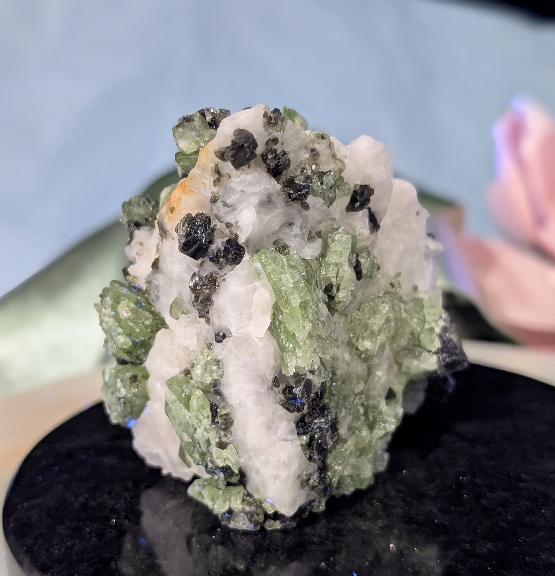 Green Diopside Specimen with Mica and Calcite