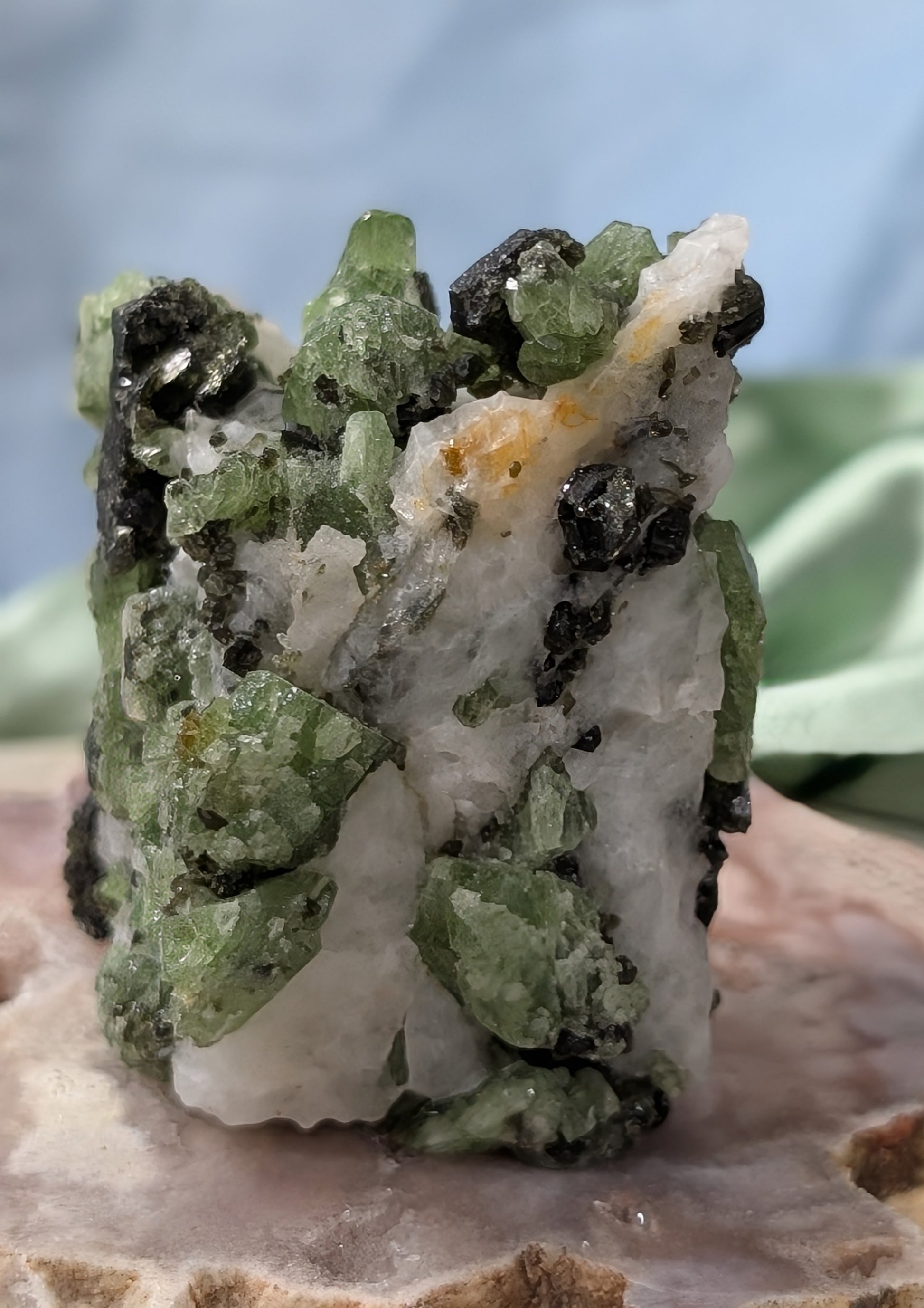 Green Diopside Specimen with Mica and Calcite
