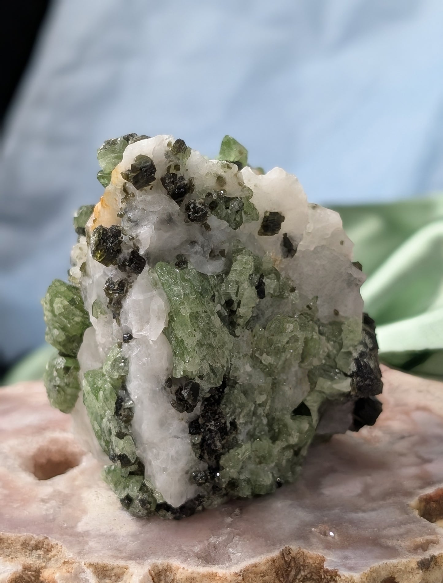 Green Diopside Specimen with Mica and Calcite