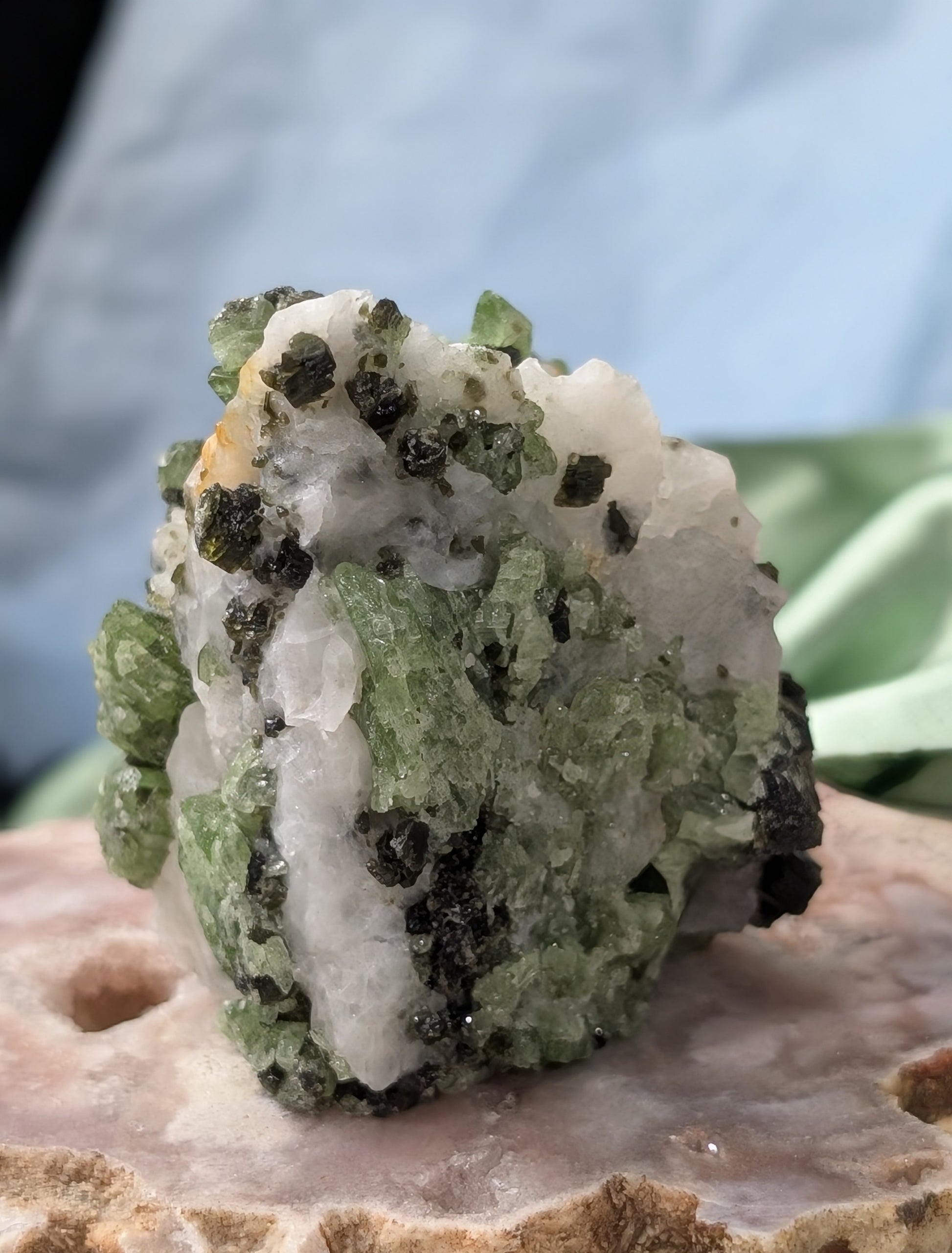 Green Diopside Specimen with Mica and Calcite