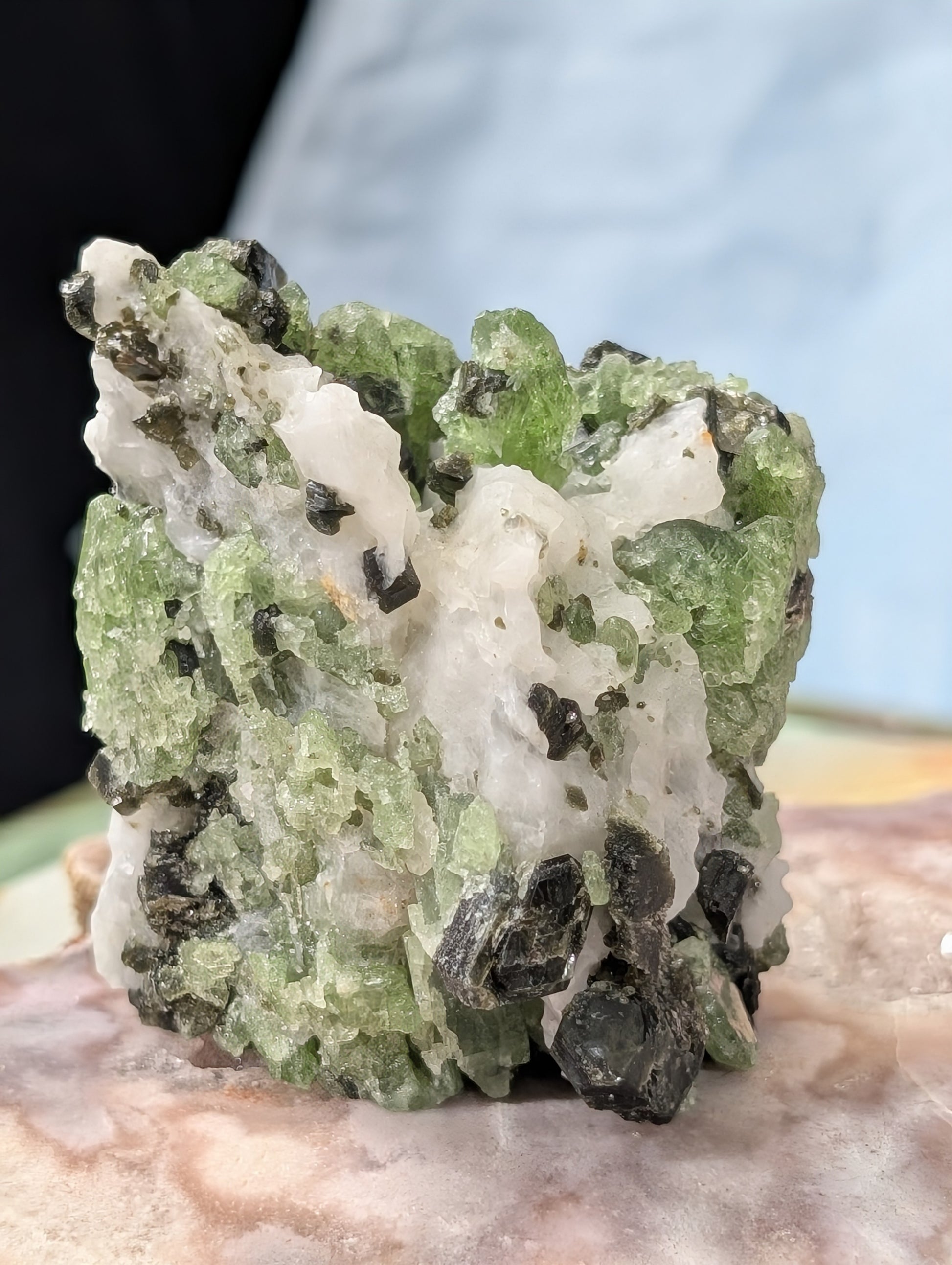 Green Diopside Specimen with Mica and Calcite