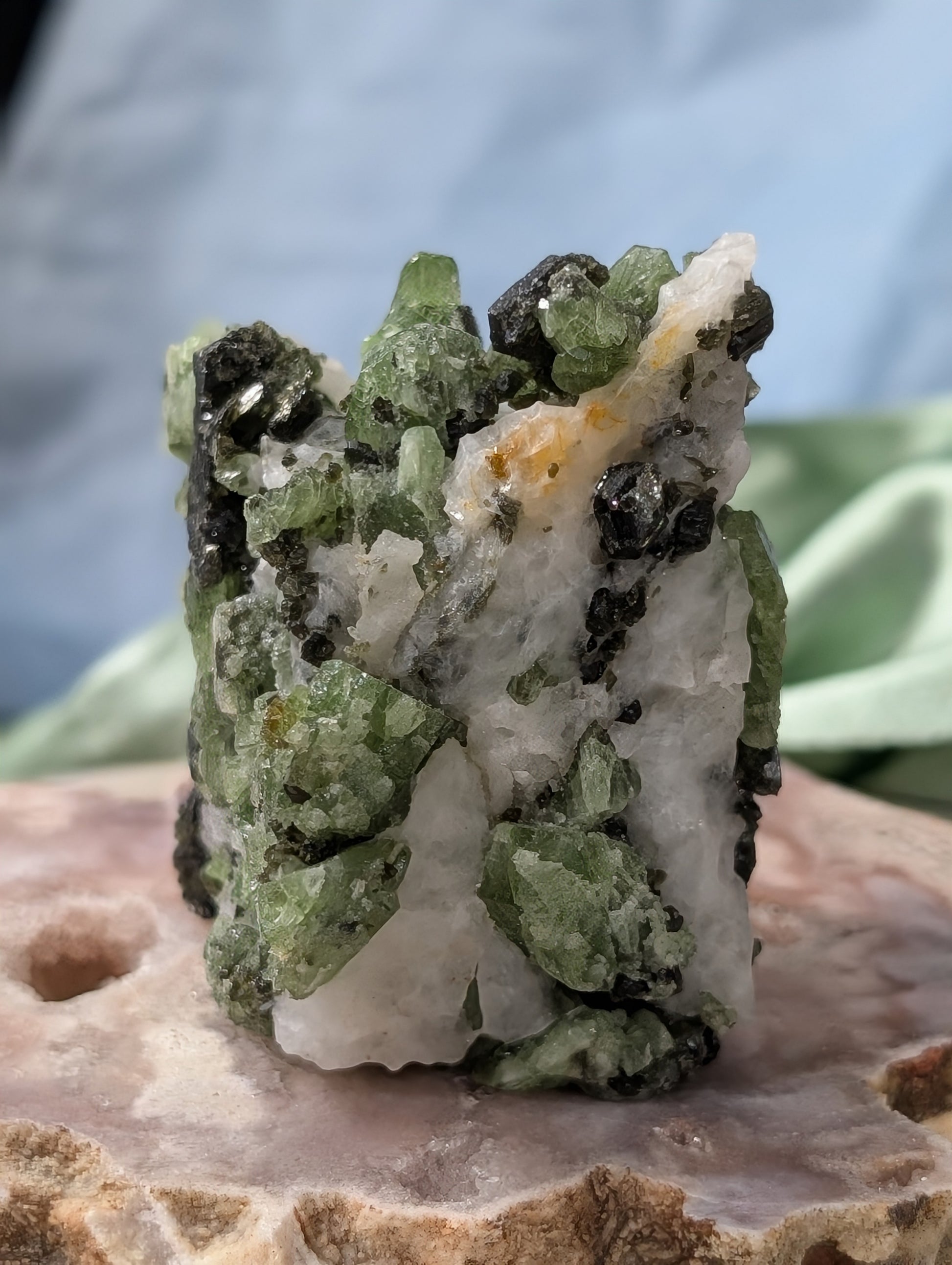 Green Diopside Specimen with Mica and Calcite
