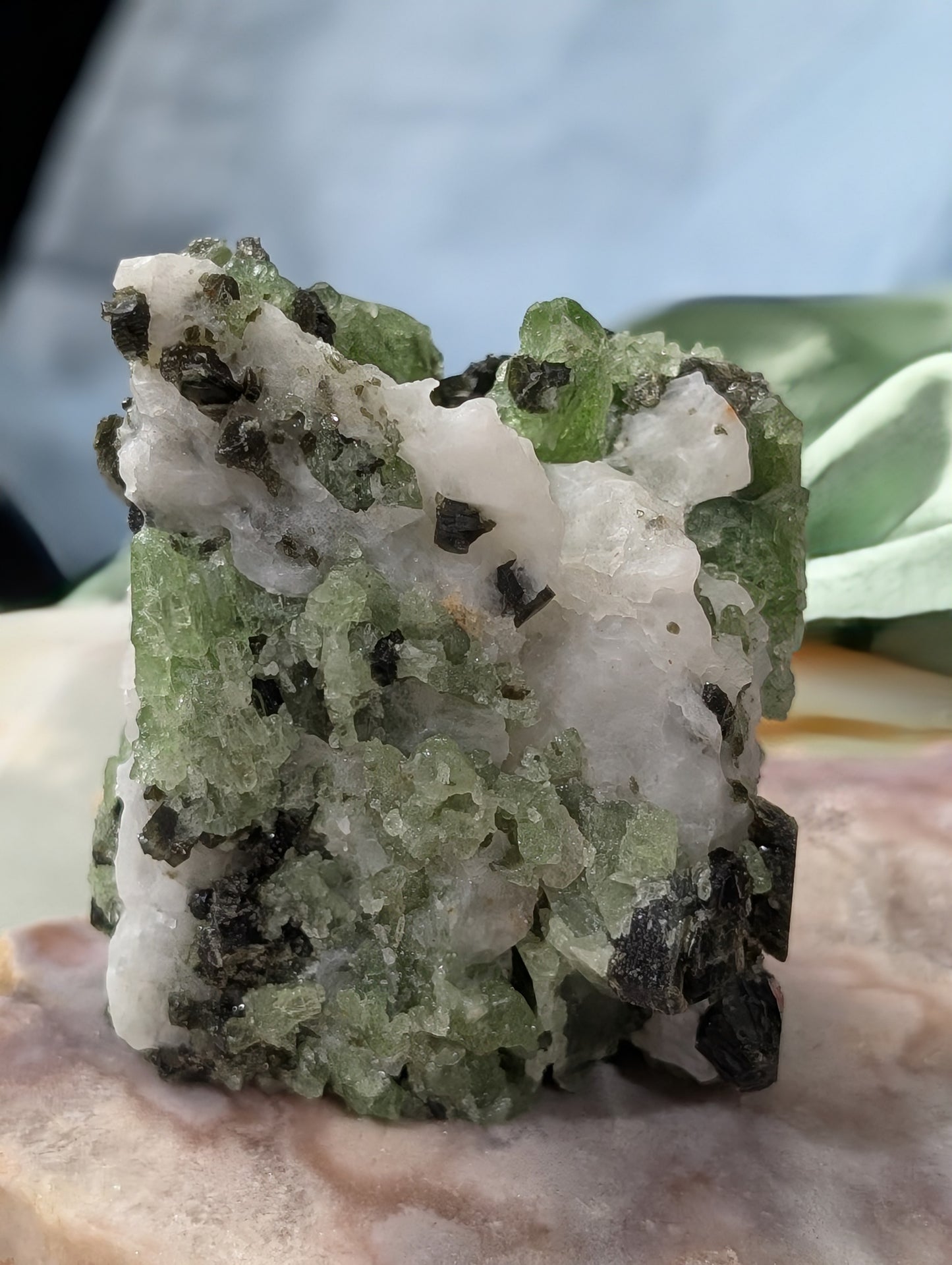 Green Diopside Specimen with Mica and Calcite