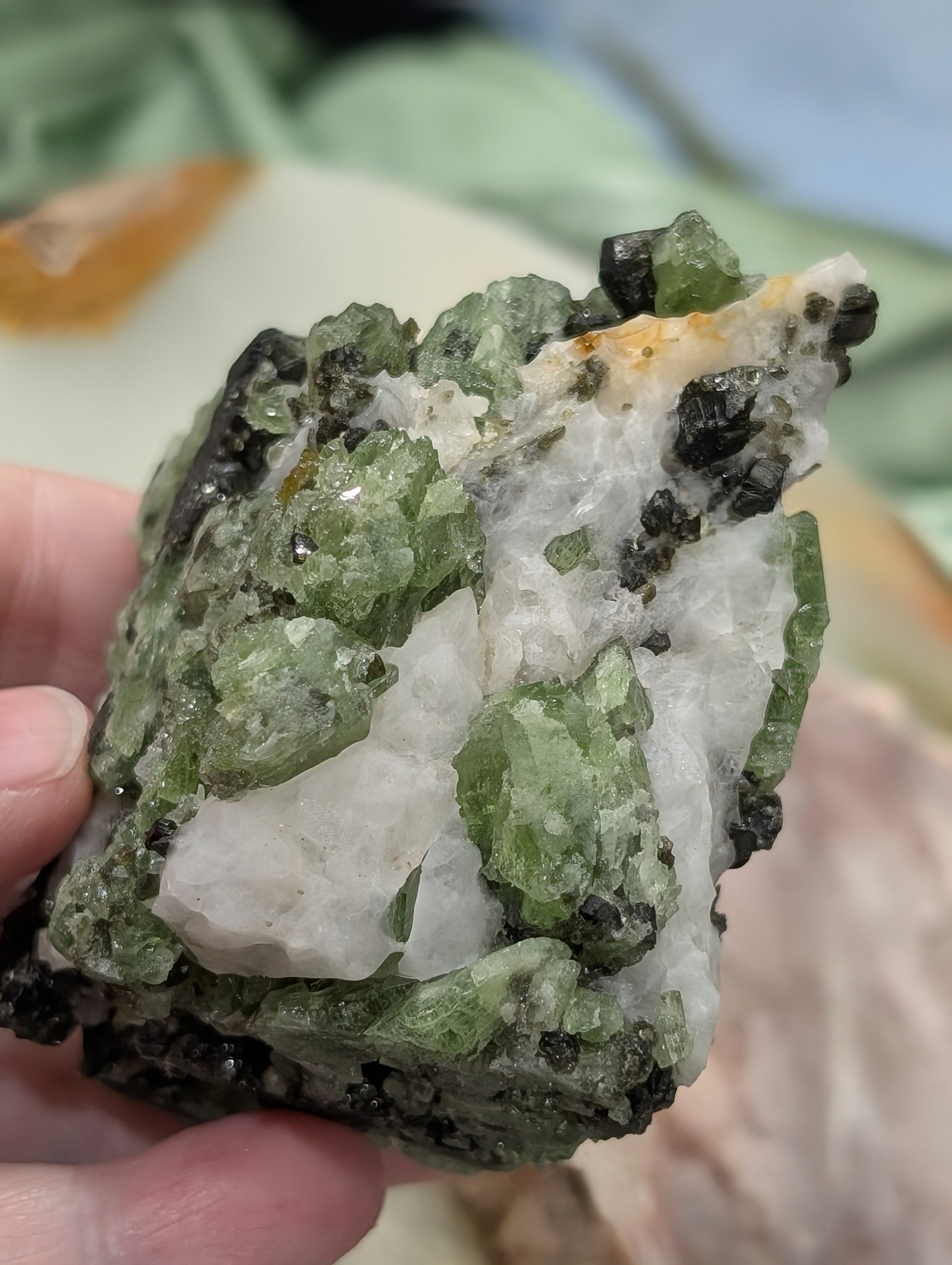 Green Diopside Specimen with Mica and Calcite