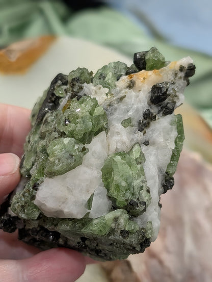 Green Diopside Specimen with Mica and Calcite