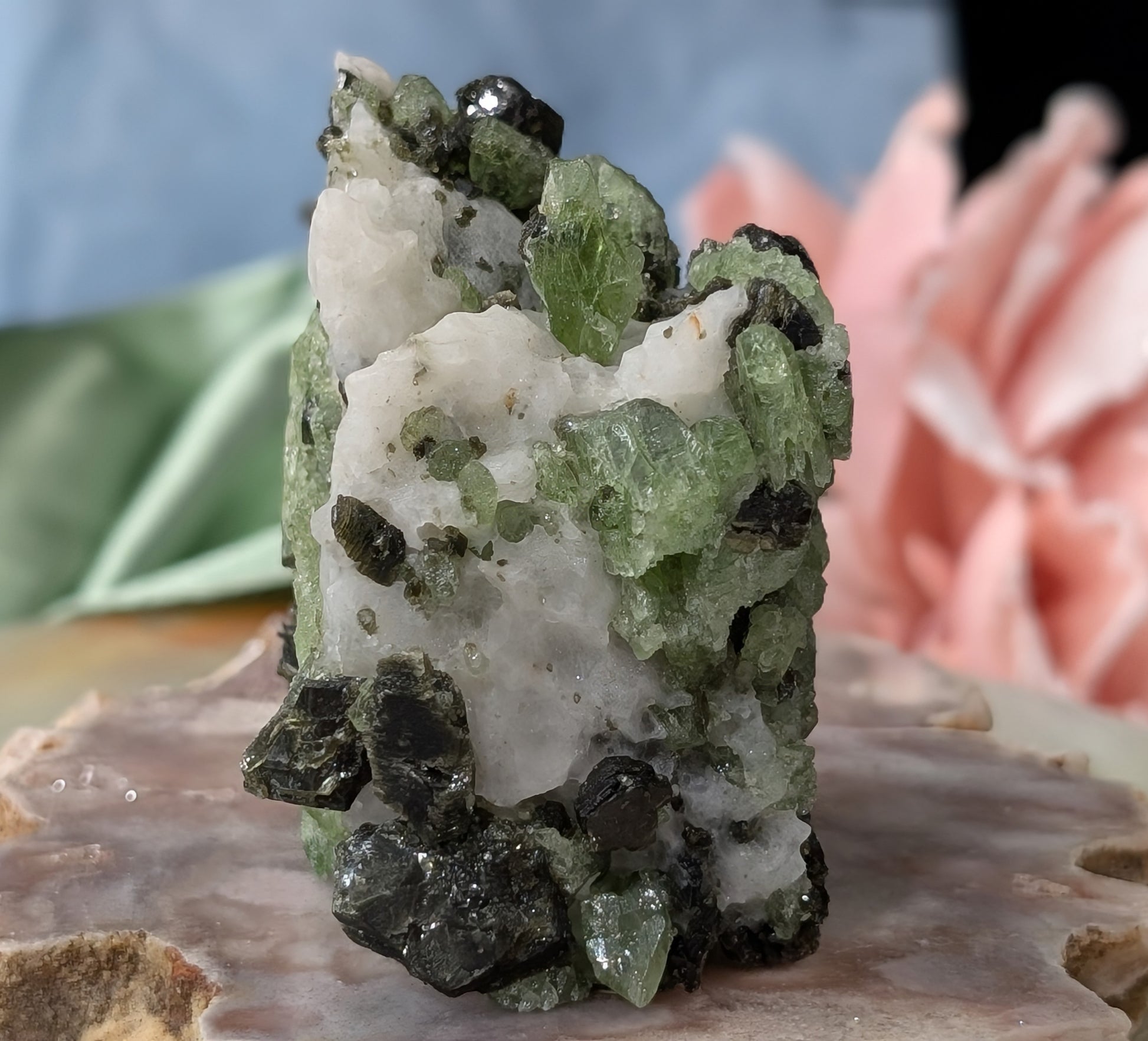 Green Diopside Specimen with Mica and Calcite